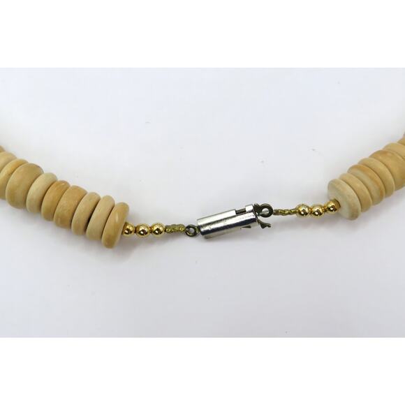 Vintage Boho Wood Bead Necklace w/ Mosaic Focal Bead Purple & Beige Tribal Style - Picture 9 of 11